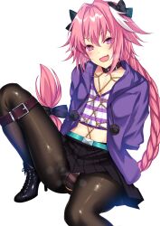 1boy 2017 2d androgynous ankle_boots astolfo_(fate) astolfo_(memories_at_trifas)_(fate) black_bow bondage boots bound bound_wrists bow braid bulge canon_crossdressing casual collar crotch_rope crotch_seam fate/apocrypha fate_(series) femboy footwear full_color fully_clothed hair_ribbon high_heel_boots high_heels looking_at_viewer majin_(kiidoumajin) male male_only naughty_face no_penetration oerba_yun_fang official_alternate_costume open_mouth otoko_no_ko panties panties_under_pantyhose pantyhose pink_hair purple_eyes restrained ribbon rope shibari shibari_over_clothes shimapan single_braid solo striped striped_panties trap underwear