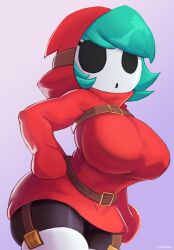 1girls ass big_breasts clothed clothing cranihum faceless female female_only garter_belt green_hair hair_over_one_eye hands_on_hips latex light-skinned_female light_skin mario_(series) mask nintendo pinup shortstack shy_gal shy_gal_red solo sweater thick_thighs thighhighs thighs