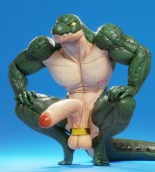 1boy 3d_(artwork) abs anthro ball_stretcher ball_weight balls ballsack big_balls big_penis blender_(software) blue_background connivingrat crocodile crocodilian crocodylid crouching dangling_testicles digital_media_(artwork) erection foreskin foreskin_folds genitals green_body green_skin helm_(connivingrat) hi_res humanoid_genitalia humanoid_penis intact low_hanging_balls male male_nipples male_only muscles muscular_male navel nude nude_male partially_retracted_foreskin penis reptile scalie scrotum sharp_teeth simple_background solo squatting tail teeth testicle_cuff testicles uncut veiny_penis yellow_sclera