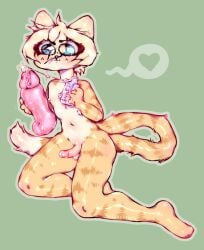 anthro big_dildo blondie blue_eyes dildo domestic_cat ears_up felid feline felis genitals hi_res lube lube_bottle lube_drip male mammal nipples penis sex_toy sitting solo solo_focus sora_(tehkey) striped_body stripes