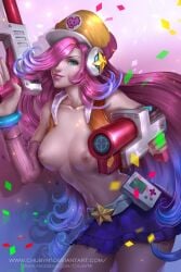 arcade_miss_fortune color colored gameboy league_of_legends miss_fortune pink_hair solo_female topless topless_female vest