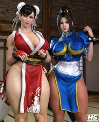 2girls 3d big_breasts brown_eyes capcom chun-li chun-li_(cosplay) cosplay costume_switch crossover crossover_cosplay dead_or_alive death_battle fatal_fury hagiwara_studio king_of_fighters mai_shiranui mai_shiranui_(cosplay) pantyhose snk street_fighter street_fighter_v thick_thighs