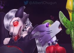 1girls 2022 2d 2d_(artwork) 2d_artwork after_oral albertchugun blowjob choker crossover deep_blowjob deepthroat deepthroat_smile eye_contact eyelashes fellatio female five_nights_at_freddy's five_nights_at_freddy's:_security_breach fnaf furry glowing_eyes green_hair helluva_boss kneeling loona_(helluva_boss) montgomery_gator_(fnaf) oral oral_sex pov purple_eyeshadow purple_fur red_eyes roxanne_wolf_(fnaf) saliva saliva_string saliva_trail scottgames steel_wool_studios straight tight_throat two_tone_hair white_hair yellow_eyes