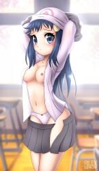 1girls blue_hair blush bow_panties breasts dawn_(pokemon) eyelashes female female_only hair headwear looking_at_viewer nintendo nipples no_penetration no_penis no_sex panties pokemon rilex_lenov skirt solo solo_female underwear undressing white_panties