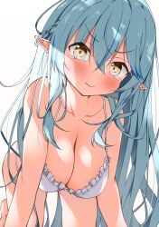 absurdres aqua_hair blue_hair blush breasts cleavage female hair_between_eyes highres hololive hololive_gen_5 hololive_japan kc9s large_breasts long_hair looking_at_viewer pointy_ears pout solo tearing_up virtual_youtuber white_background yellow_eyes yukihana_lamy