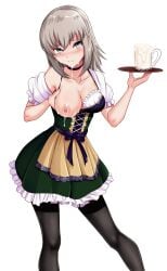 1girls after_oral beer_mug black_stockings blonde_hair blushing_at_viewer breast_grab dirndl exposed_breasts exposed_nipple girls_und_panzer gray_eyes gray_hair green_skirt grey_eyes itsumi_erika nico-mo one_breast_out posing slim smile smiling smiling_at_viewer solo tagme thin_female