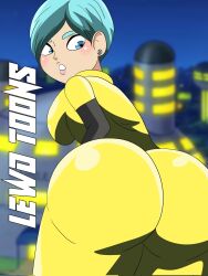 1girls ass big_ass blue_eyes blue_hair breasts bubble_ass bubble_butt bulma_briefs dat_ass dragon_ball dragon_ball_super dragon_ball_super_super_hero lewdtoons looking_back