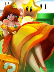 blue_eyes brown_hair cleavage customwaifus dress earrings fully_clothed large_breasts mario_(series) princess princess_daisy smile strapless_dress super_mario_bros.