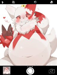 2022 anthro belly big_belly blush bodily_fluids cum cum_on_belly cum_on_body genital_fluids heart hi_res japanese_text kemono navel nintendo overweight pokémon_(species) pokemon pokemon_(species) red_body rokacake solo text video_games white_body zangoose