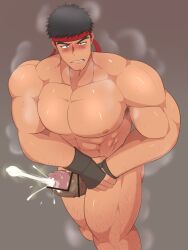 balls bara big_penis black_hair capcom censored censored_penis cum gay headband kai_(artist) male male_only muscles muscular musk orgasm penis ryu_(street_fighter) smegma solo solo_male street_fighter