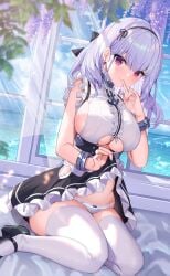 1girls absurdres azur_lane bare_arms bare_shoulders big_breasts black_footwear black_skirt breasts clothing_cutout dido_(azur_lane) dress earrings female finger_to_mouth frilled_dress frilled_skirt frills hairband highres hip_vent horny horny_female huge_breasts jewelry large_breasts lifted_by_self lifting lifting_skirt light-skinned_female light_skin long_hair looking_at_viewer maid mary_janes miniskirt panties pervert purple_eyes shanguier shoes showing_off showing_panties sideboob sitting skirt sleeveless sleeveless_dress solo solo_female thighhighs underboob underboob_cutout underboob_shirt underwear white_dress white_hair white_legwear white_panties wrist_cuffs