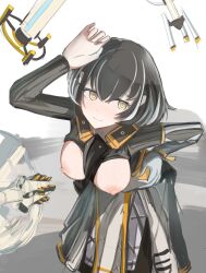 1girls areolae arknights artist_request big_breasts black_hair blush breasts breasts_out cute drone embarrassed exposed_breasts female female_only gloves hand_on_hip hand_up highres looking_away magallan_(arknights) multicolored_hair nipples short_hair smile solo uniform yellow_eyes