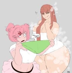 2girls ass big_ass big_breasts big_thighs blush_stickers breasts cleavage commission doki_doki_literature_club english_text female female_only frilled_skirt frilly_skirt green_panties heart holding_panties huge_ass impossible_panties large_thighs monika_(doki_doki_literature_club) multiple_girls natsuki_(doki_doki_literature_club) panties pink_hair pink_skirt pussy sausagesspicy shocked skirt smug steaming_body steamy text thick_ass thick_thighs thunder_thighs towel uncensored yuri