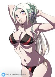 1girls alternate_costume alternate_hairstyle bikini black_bikini_top black_swimsuit breasts edelgard_von_hresvelg excaliblader female female_only fire_emblem fire_emblem:_three_houses mouth_hold nintendo ponytail solo swimsuit white_hair