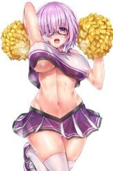 blue_gk blush bouncing_breasts cheerleader cheerleader_uniform fate/grand_order fate_(series) glasses hair_over_one_eye mash_kyrielight miniskirt nipple_bulge nipples nipples_visible_through_clothing no_bra pantyshot pantyshot_(standing) purple_eyes purple_hair short_hair standing straight sweat thick_thighs thighhighs thighs uncensored underwear white_legwear white_panties white_shoes white_stockings