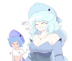 2d 2girls big_breasts blue_hair breasts char_(emmarrgus) clothed clothing dialogue emmarrgus female female_focus female_only highres light_blue_hair long_hair multiple_girls oxyri_(emmarrgus) shark shark_girl shark_humanoid shark_tail speaking speech_bubble tagme talking text