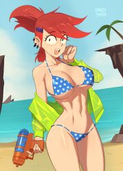 barleyshake big_breasts bikini breasts ear_piercing female female_only foster's_home_for_imaginary_friends frankie_foster hair_ornament hairclip large_breasts open_mouth outdoors outside polka_dot red_hair solo water_gun