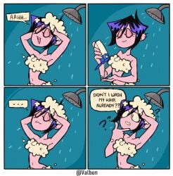 1girls 2022 4_panel_comic :3 ?? censored english_text in_shower original original_character shower soap_bubbles