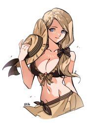 1girls alternate_costume bangs bare_shoulders bikini black_swimsuit blonde_hair blue_eyes breasts brown_bikini cleavage female female_only fire_emblem fire_emblem:_three_houses fire_emblem_heroes hair_over_shoulder hat large_breasts long_hair looking_at_viewer mercedes_von_martritz mercedes_von_martritz_(summer) midriff navel nintendo official_alternate_costume sarong side_ponytail silvercandy_gum smile solo straw_hat swimsuit