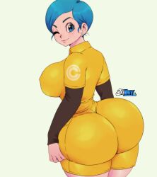 1girls ass big_ass big_breasts big_butt blue_eyes blue_hair breasts bulma_briefs clothed clothing dragon_ball dragon_ball_super dragon_ball_super_super_hero ear_piercing earrings fat_ass female female_only jay-marvel large_ass looking_at_viewer milf nipple_bulge one_eye_closed short_hair shounen_jump simple_background smile solo solo_female toei_animation voluptuous white_background wide_hips