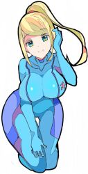 1girls beauty_mark big_breasts blonde_hair blue_eyes bodysuit breasts clothing curvaceous curvy enpe female female_focus female_only hand_on_head metroid samus_aran solo solo_female tagme tight_clothing white_background wide_hips zero_suit_samus