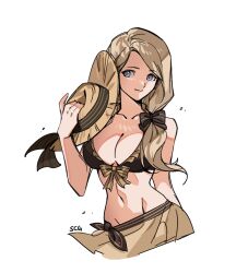 1girls alternate_costume bangs bare_shoulders bikini black_bikini black_bow black_swimsuit blonde_hair blue_eyes bow breasts brown_bikini cleavage collarbone commentary eyebrows_visible_through_hair female female_only fire_emblem fire_emblem:_three_houses fire_emblem_heroes groin hair_over_shoulder hairbow hand_up hat holding holding_clothes holding_hat large_breasts long_hair looking_at_viewer mercedes_von_martritz mercedes_von_martritz_(summer) midriff navel nintendo official_alternate_costume sarong side_ponytail silvercandy_gum smile solo stomach straw_hat sun_hat swimsuit