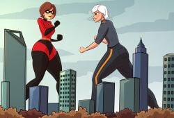 2girls caiman2 city crossover disney dreamworks elastigirl female female_only fight giantess ginormica helen_parr monsters_vs_aliens pixar smooth_skin superheroine susan_murphy the_incredibles