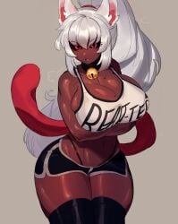 1girls animal_ear_fluff animal_ears arms_under_breasts bell_choker bell_collar black_sclera breast_hold breasts cat_ears cat_tail catgirl cleavage clothes_writing coco_(bakeneko) colored_sclera dark-skinned_female dark_skin dolphin_shorts expressionless female female_focus female_only greasymeta huge_breasts large_breasts long_hair mole_on_breast mole_under_eye oerba_yun_fang open_mouth original original_character shiny_skin short_shorts shorts skin_fang skindentation solo solo_female squish squished_breasts stomach thick_thighs thighhighs thighs thighs_together thong_above_shorts thong_straps thunder_thighs unamused underwear very_long_hair white_hair white_tank_top