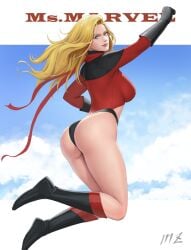 1girls ass bare_ass bare_thighs big_ass blonde_hair blue_eyes carol_danvers female female_only flying light-skinned_female looking_at_viewer marvel marvel_comics mezzo_(orbanga21) ms._marvel ms._marvel_(carol_danvers) no_pants rear_view superheroine thighs underwear