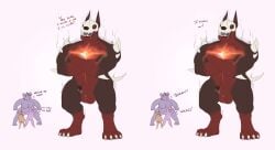 absurd_res animal_genitalia anthro balls belal_(himeros) big_balls big_sheath black_body black_fur bodily_fluids bone canid canid_demon claws crossed_arms demon dialogue drooling fur genital_fluids genitals glowing glowing_chest glowing_eyes hellhound hi_res himerosthegod leaking_precum male malocke_(himeros) mammal muscular precum ranga_(himeros) red_body red_fur saliva sheath skull smoking solo spikes valigar_(himeros)