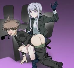 alternate_version_available ass blush danganronpa danganronpa:_trigger_happy_havoc danganronpa_1 danganronpa_3 embarrassed exposed_ass kirigiri_kyouko naegi_makoto nude_male over_knee over_the_knee_spanking smooth_skin spanking