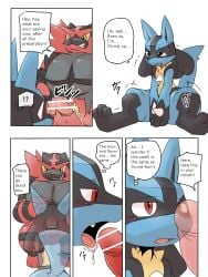 3:4 balls black_body black_fur blue_body blue_fur blush bodily_fluids censor_bar censored comic dialogue duo edit english_text erection fangs fellatio fur genitals green_eyes hard_translated hi_res incineroar lucario male male/male male_only nintendo open_mouth oral penile penis pokemon pokemon_(species) pu_sukebe red_body red_eyes red_fur saliva sex sitting speech_bubble tears text thought_bubble tongue tongue_out translated translucent video_games yellow_body yellow_fur