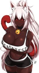 1girls airisubaka animal_ear_fluff animal_ears arms_under_breasts artist_name bangs beauty_mark bell_choker bell_collar black_legwear black_sclera cat_ears cat_tail catgirl cleavage clothes_writing coco_(bakeneko) collarbone cowboy_shot dark-skinned_female dark_skin dolphin_shorts expressionless eyebrows_visible_through_hair hair_between_eyes huge_breasts large_breasts long_hair looking_at_viewer mole mole_on_breast mole_under_eye navel original original_character ponytail red_eyes simple_background solo solo_female strap_slip thick_thighs thighhighs thighs thunder_thighs unamused underwear very_dark_skin very_long_hair white_hair