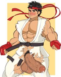 balls bara big_balls big_penis blush capcom foxxboiixiii gay headband male male_only muscles muscular penis ripped_clothing ryu_(street_fighter) solo solo_male street_fighter