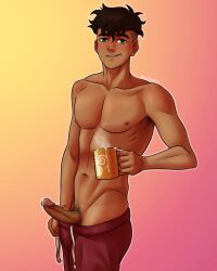 1boy armpit_hair avatar_legends black_hair bludwing brown_body brown_nipples brown_skin clothing coffee coffee_cup coffee_mug cum cute_expression cute_eyes cute_male grin holding holding_object kai_(avatar) male male_only oozing oozing_cum penis_out precum precum_drip proud_of_his_cock pubic_hair pulling_down_pants pulling_panties pulling_pants_down red_pants smirk smooth_skin tan tan_body tan_penis tanned tanned_skin the_legend_of_korra