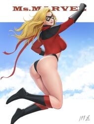 1girls ass bare_ass bare_thighs big_ass blonde_hair blue_eyes carol_danvers female female_only flying light-skinned_female looking_at_viewer marvel marvel_comics mezzo_(orbanga21) ms._marvel ms._marvel_(carol_danvers) no_pants rear_view superheroine thighs underwear