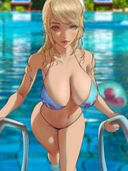 1girls 2022 alternate_breast_size artist_signature baby_(metroid) bikini blonde_hair blue_bikini blue_eyes breasts cleavage female female_only hips huge_breasts ignitesart large_breasts long_hair metroid metroid_(creature) nintendo outdoors ponytail pool samus_aran slim_waist thick_lips thick_thighs thighs tomboy wide_hips