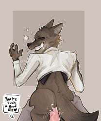 2boys 2d_(artwork) anal anal_sex brown_fur clothing cum cum_in_ass cum_inside ed_afterdark from_behind furry gay gay_sex holding_butt jacket male male/male male_only male_penetrating_male mr._shark_(the_bad_guys) mr._wolf_(the_bad_guys) no_background penetration shark smile text wolf