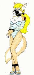 anthro big_daddy_cruel biped black_collar black_nose blue_eyes bondage bondage bound breasts canid canine collar ear_piercing ear_ring female mammal muzzle_(object) muzzled piercing simple_background solo submissive submissive_anthro submissive_female white_background