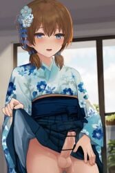 1boy blue_eyes brown_hair censored crossdressing cum ejaculation femboy flower_in_hair girly hair_between_eyes hair_flower hair_ornament hakama hakama_lift highres japanese_clothes kanzashi kimono male male_focus male_only no_panties original otoko_no_ko penis short_twintails smile solo sunaba_(nczd5875) trap twintails wide_sleeves
