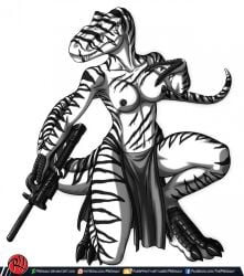 anthro breasts dinosaur dinosaur_girl gun loincloth nipples predaguy reptile topless topless_female tyrannosaurus_rex weapon