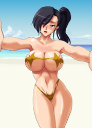 asymmetrical_hair beach bikini breasts brown_eyes cleavage female head_tilt highleg highleg_bikini large_breasts looking_at_viewer navel original outdoors parted_lips ponytail pov side_ponytail smile solo standing swimsuit tied_hair water wbd