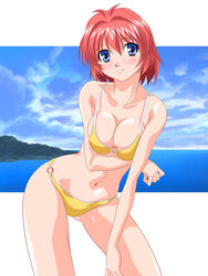 1girls beach bikini blue_eyes blush breasts cleavage female miyafuji_miina onegai_twins red_hair short_hair solo swimsuit