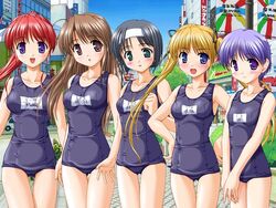 akiyama_fumio amagasaki_mikoto bekkankou black_hair blonde_hair blue_eyes blue_hair blush brown_hair everyone fujieda_honami game_cg green_eyes hairband hands_on_hips hanihani jpeg_artifacts long_hair multiple_girls name_tag one-piece_swimsuit outdoors pink_eyes ponytail purple_eyes red_hair school_swimsuit shibugaki_matsuri short_hair smile swimsuit tachibana_chihiro thigh_gap thighs tied_hair tsuki_ha_higashi_ni_hi_ha_nishi_ni tsuki_wa_higashi_ni_hi_wa_nishi_ni twintails