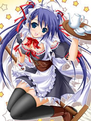 akimoto_dai blue_eyes blue_hair breasts cleavage maid mop open_mouth original smile star thighhighs tied_hair twintails zettai_ryouiki