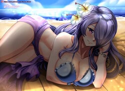 1girls beach bikini camilla_(fire_emblem) camilla_(summer)_(fire_emblem) cleavage female fire_emblem fire_emblem_fates fire_emblem_heroes flower flower_in_hair hocen large_breasts long_hair looking_at_viewer lying nintendo ocean on_side one_eye_covered purple_eyes purple_hair sand sea seaside see-through solo swimsuit thick_thighs thighs veil voluptuous water wide_hips