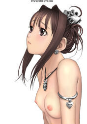 blush breasts brown_eyes brown_hair earrings flat_chest gothic hair_ornament hairclip jewelry necklace nude ryu_(artist) short_hair