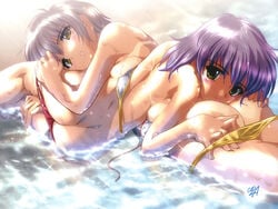 2girls ass beach bikini bikini_pull blush breast_press breasts buttsnuggle color female hair head_on_ass komatsu_eiji licking multiple_girls panties purple_hair short_hair sideboob silver_hair swimsuit tan tanline thong topless underwear underwear_only undressing wallpaper water wet yellow_eyes yuri