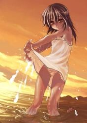 1girls armpits black_hair brown_eyes cloud dark_skin dress dress_lift dutch_angle female flat_chest lowres miidera_tsukuyo panties pantyshot pantyshot_(standing) sky solo sparkle standing sundress sunset tan tanline tasogare underwear wading water wazakita wet wet_clothes wet_panties white_dress white_panties wringing_clothes