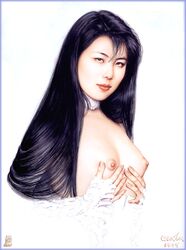 1990s 1995 1girls 20th_century artist_name asian_female black_hair border breasts choker collar corset facing_viewer gloves long_hair looking_at_viewer olivia_de_berardinis original simple_background small_breasts solo upper_body what white_background wide_sleeves